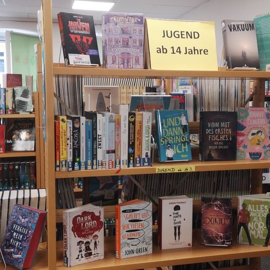 Ein hölzerne Bücherregal gefüllt mit verschiedenen Büchern, darunter Titel wie 'The Hate U Give' und 'Dark Lord'. Ein gelbes Schild mit der Aufschrift 'JUGEND ab 14 Jahre' ist prominent angebracht.