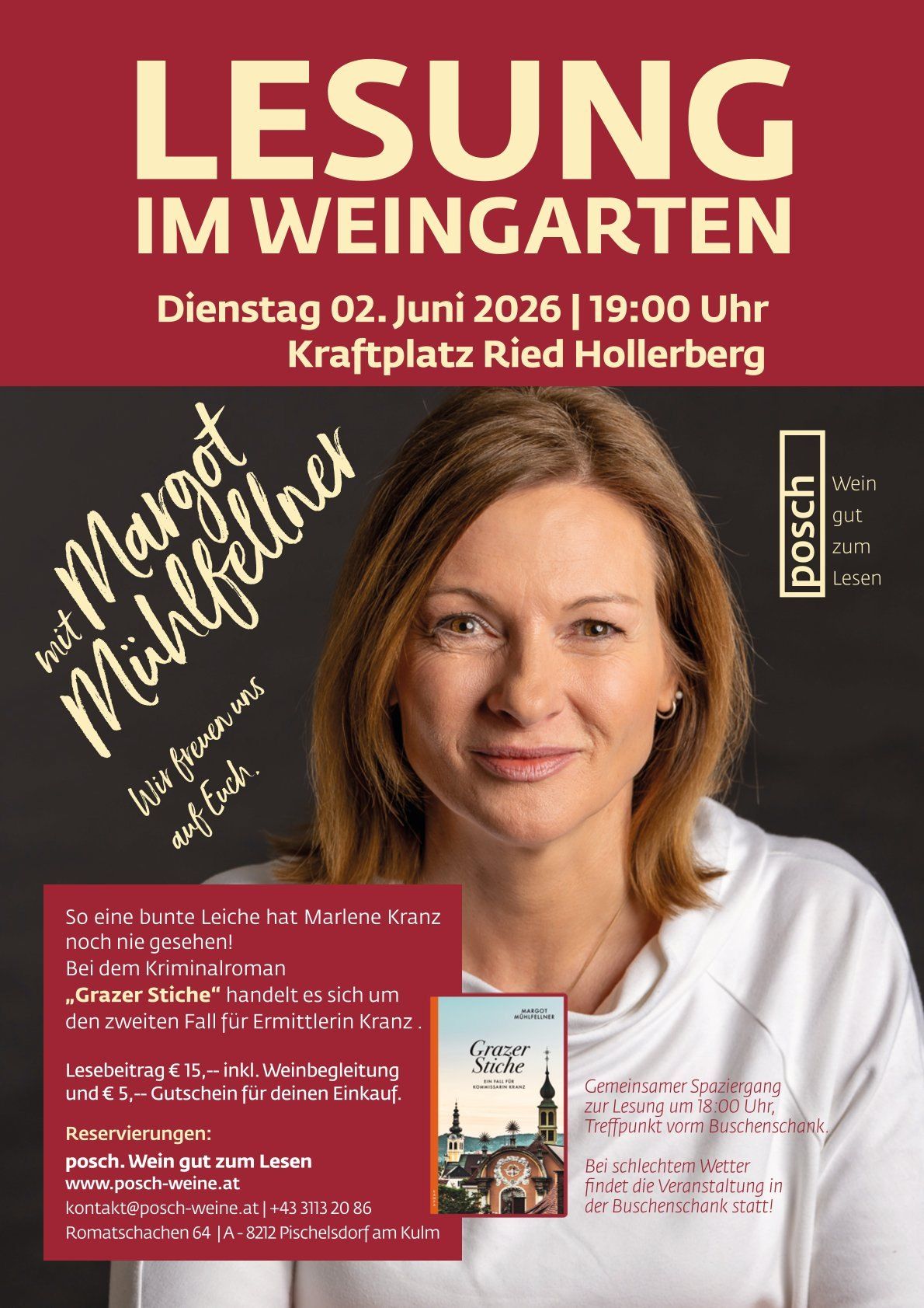 Werbeplakat für die Lesung des Buches Grazer Stiche am 2. Juni 2026 mit der Autorin Marlene Kranz. Die Veranstaltung findet in einem Weinberg statt.