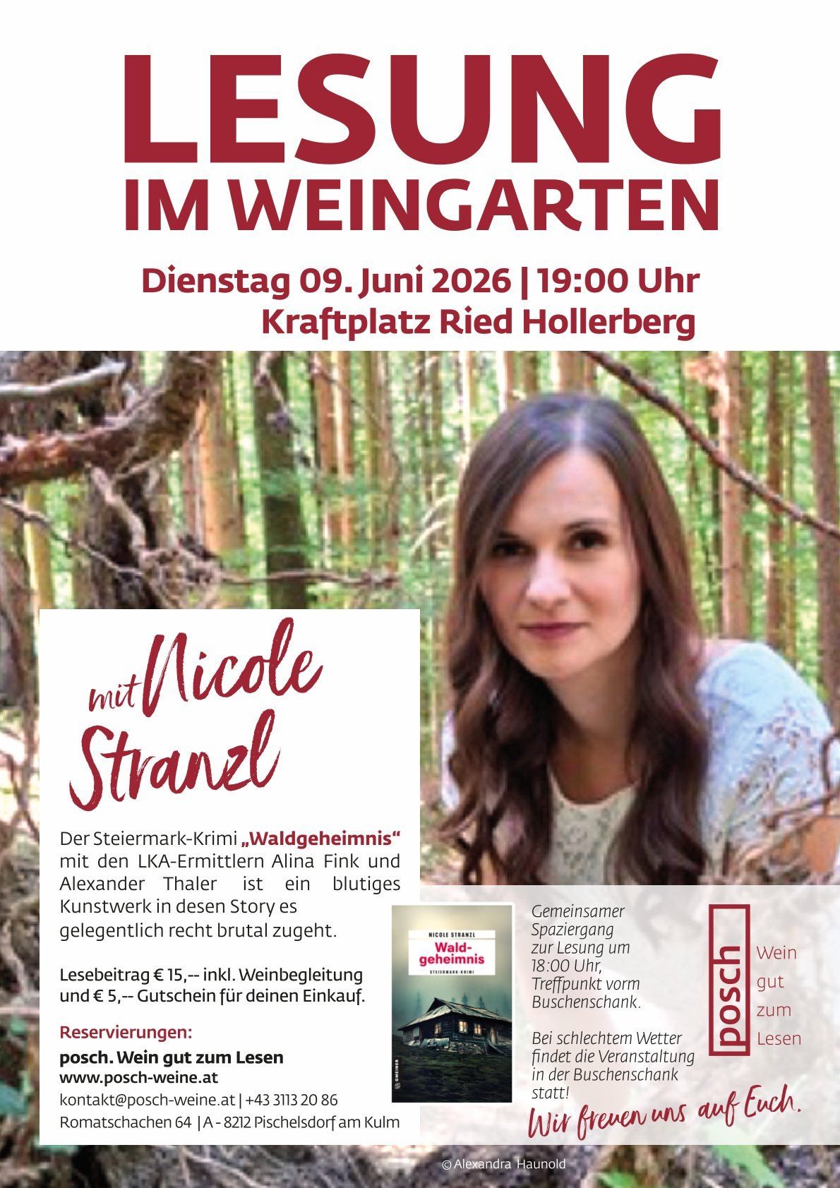 Poster for an event in the vineyard featuring Nicole Stranz. Event date: June 9, 2026. Time: 7:00 PM. Location: Kraftplatz Ried Hollerberg.