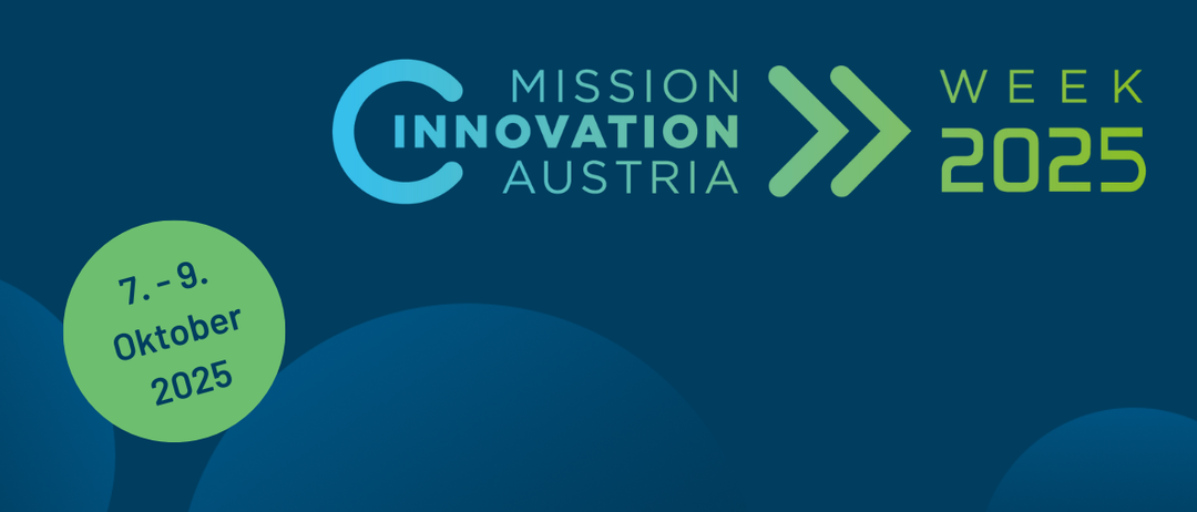 Veranstaltungsplakat für die Mission Innovation Austria Week 2025, geplant vom 7. bis 9. Oktober 2025. Das Thema dreht sich um Energiesysteme im Wandel und stellt die Frage, ob es das Ende oder der Anfang einer neuen Ära ist. Die Veranstaltung wird vom Bundesministerium für Innovation, Mobilität und Infrastruktur ausgerichtet. Logos von Klimaenergiefonds und AEE INTEC sind zu sehen.