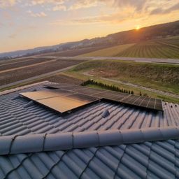 Ein Dach mit Solarmodulen auf einem Haus. Die Sonne geht über einem weitläufigen Ackerland und einer Autobahn unter.