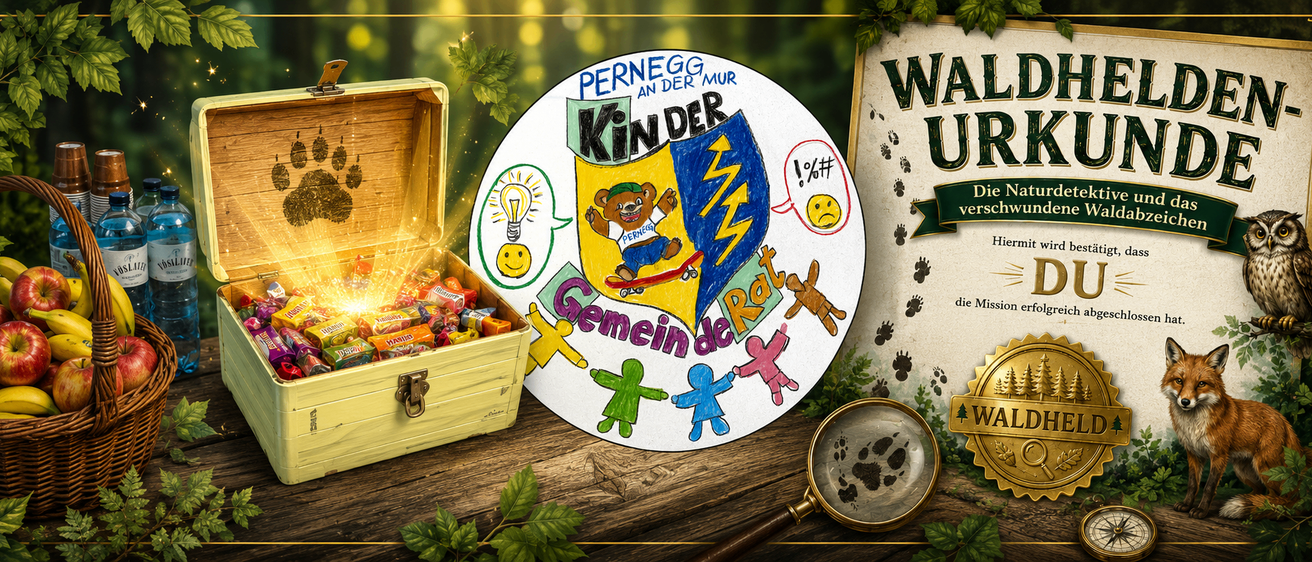 Eine farbenfrohe kreisförmige Illustration mit einem Bären auf einem Skateboard, umgeben von Kindern, die Händchen halten, einem Schatztruhe voller Süßigkeiten und einer Lupe mit Pfotenabdrücken.