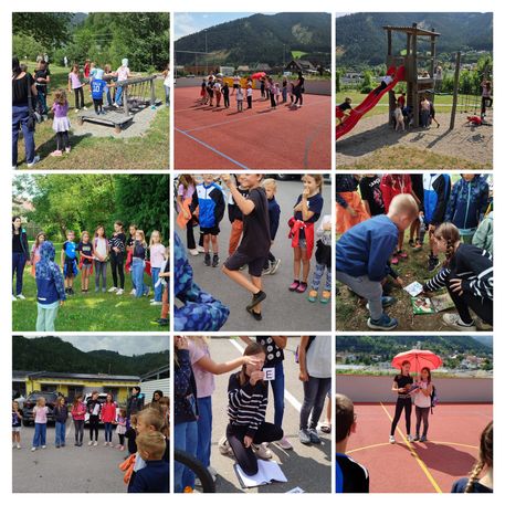 Eine Collage von Fotos, die Kinder bei verschiedenen Outdoor-Aktivitäten zeigt, einschließlich Spielen auf einem Spielplatz, Laufen auf einer Laufbahn und Stehen in einer Reihe.