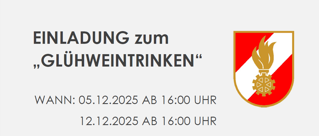 Einladung zur Glühweinfeier bei FF-Kroisegg am 05.12.2025 und 12.12.2025 um 16:00 Uhr. Ort: FF-Haus Kroisegg (beheizt). Wir freuen uns auf Ihren Besuch. Illustration mit zwei Tassen, Dampf und einem Schneemann.