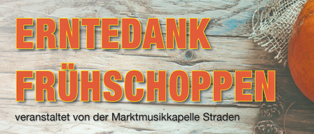 Ein hölzerner Hintergrund mit orangefarbenem Text, der 'TEDANKHSCHOPP' und darunter einen kleineren Text 'on der Marktmusikkapelle Straden' lautet. Das Bild hat einen rustikalen und Vintage-Look.