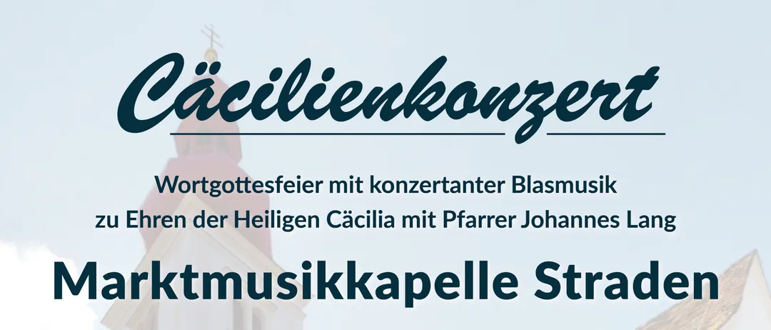 Plakat für ein Konzert zu Ehren der Heiligen Cäcilia, mit einem Glas Rotwein, einer Kirche und einem musikalischen Programm. Geplant für den 21. November 2026 um 18:30 Uhr.