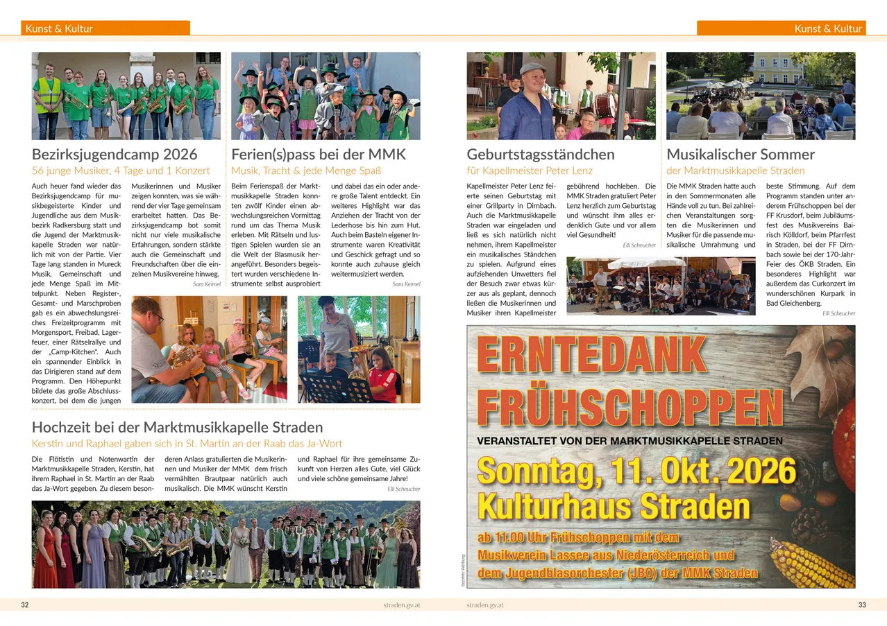 Eine Seite aus einer Zeitschrift mit einem Musikcamp-Event, Bildern von Musikern in grünen Uniformen, einem Musikdirektor und einem Plakat für ein bevorstehendes Ereignis.