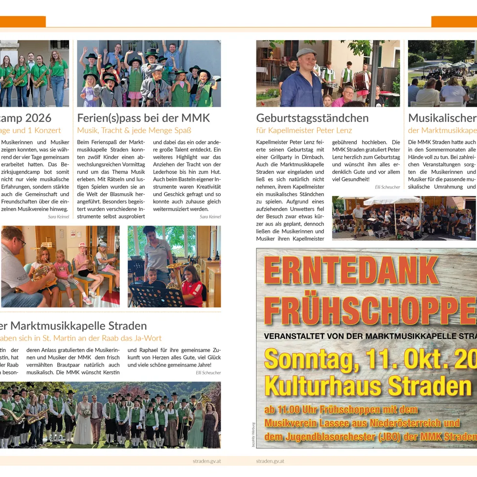 Eine Seite aus einer Zeitschrift mit einem Musikcamp-Event, Bildern von Musikern in grünen Uniformen, einem Musikdirektor und einem Plakat für ein bevorstehendes Ereignis.