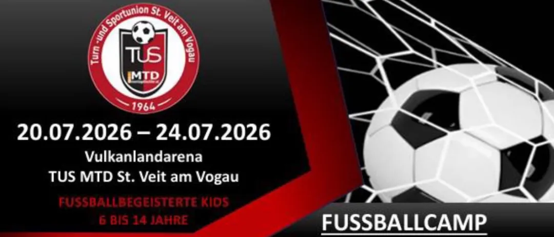 Ein Fußballcamp vom 20. bis 24. Juli 2026 in St. Veit am Vogau. Es beinhaltet fußballspezifisches Training, All-inclusive-Verpflegung und begrenzte Teilnehmerzahl. Kontakt: Alexander Uitz, 0664/2322106.