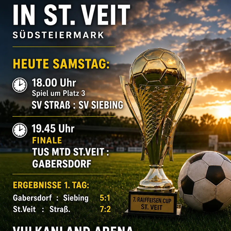 Plakat für ein Fußballspiel in St.Veit, Österreich, mit goldenem Pokal, Fußball und Spieldetails.