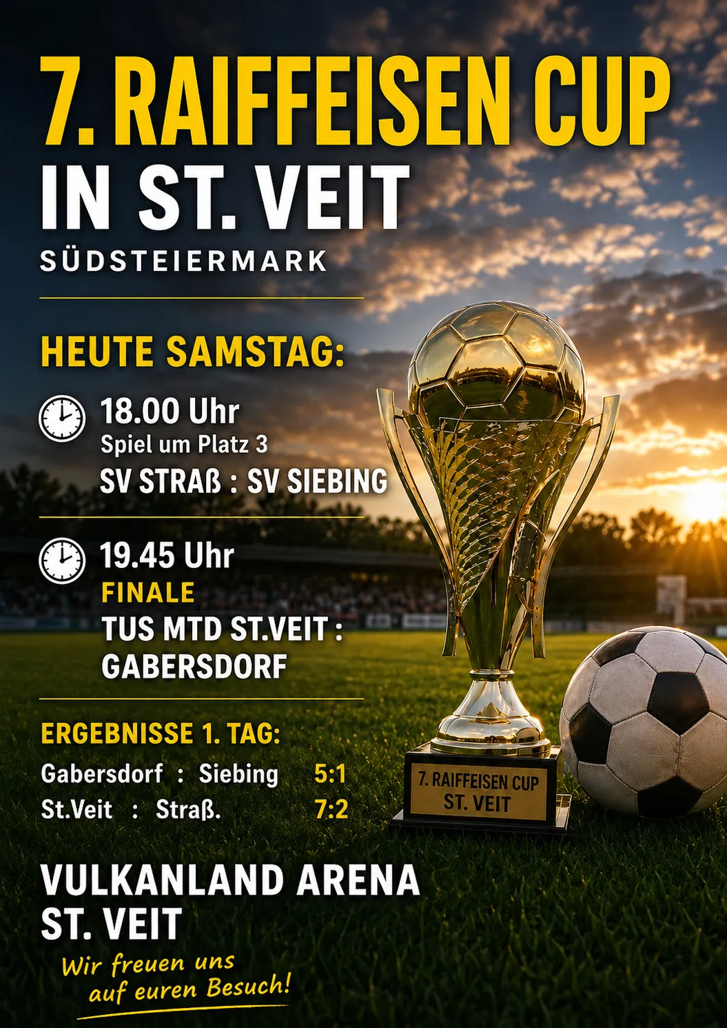 Plakat für ein Fußballspiel in St.Veit, Österreich, mit goldenem Pokal, Fußball und Spieldetails.