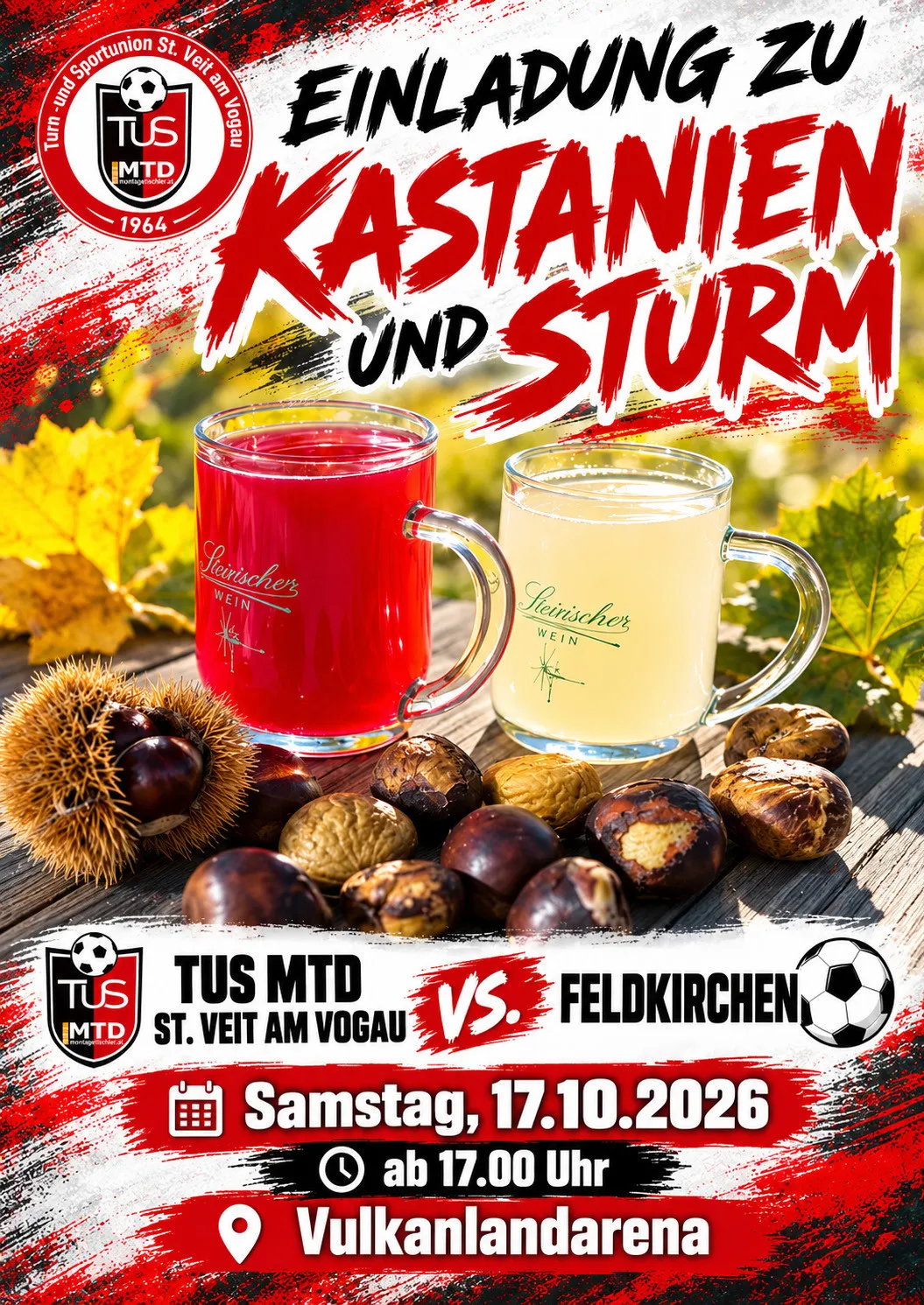 Plakat für ein Fußballspiel zwischen TUS MTD und Feldkirchen, mit zwei Bechern Getränken, Herbstblättern und Kastanien.