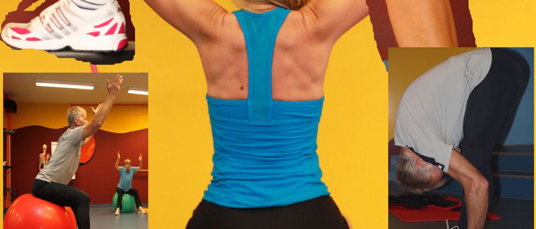 Eine Collage von Menschen beim Sport. Eine Frau auf einem Ball, eine andere Frau mit erhobenen Armen und zwei Männer in Yoga-Posen. Der Hintergrund ist gelb mit Text über Leistung und Ausdauer.