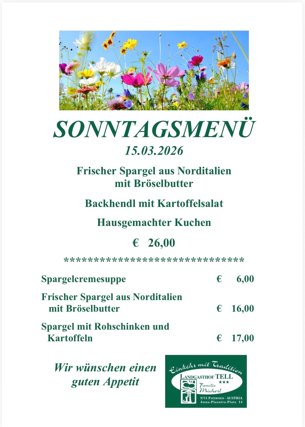 Sonntagsmenü für den 15. März 2026 mit frischem Spargel aus Norditalien mit Pistazienbutter, Rinderbein mit Kartoffelsalat, hausgemachten Gerichten und Preisen.