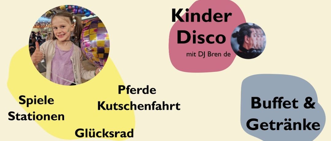 Das Plakat bewirbt ein Kinderfest am 29. Mai um 15 Uhr im Gemeindepark Hirtenberg. Es bietet Aktivitäten wie Pferdefahrten, Spiele, eine Spielzeugbahn, ein Glücksrad, eine Kinderdisco mit DJ Bren de, ein Buffet und Getränke.