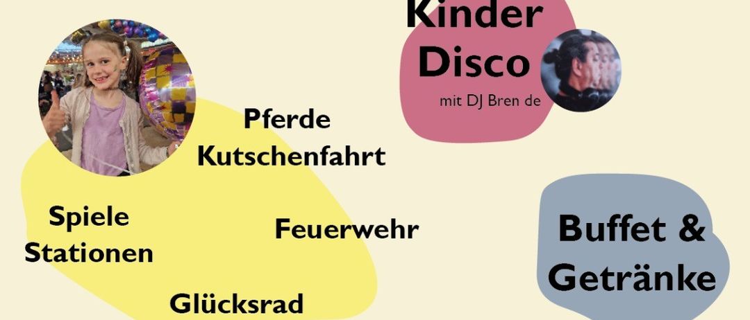 Plakat für ein Kinderfest am 29. Mai ab 15 Uhr im Gemeindepark Hirtenberg. Angebote umfassen eine Kinderdisco mit DJ Bren de, Pferdefahrten, Schminken, Spiele, Feuerwehr und ein Buffet mit Getränken.