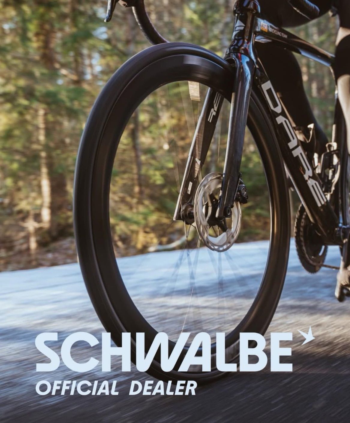 Ein Radfahrer fährt ein schwarzes Fahrrad auf einer von Bäumen gesäumten Straße, wobei der Text 'SCHWALBE offizieller Händler' deutlich sichtbar ist.