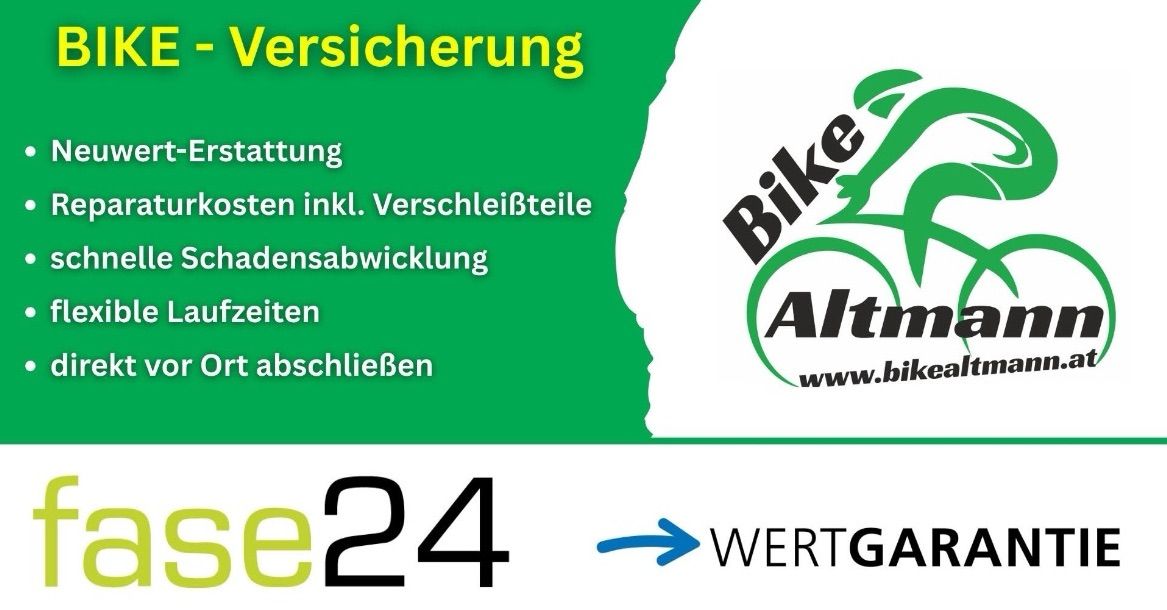 Grün-weisse Anzeige für Bike Altmört. Beinhaltet Deckung, Kosten, Ersatzteile und Schadenswiederherstellung. Besuchen Sie www.bikealtmort.de.