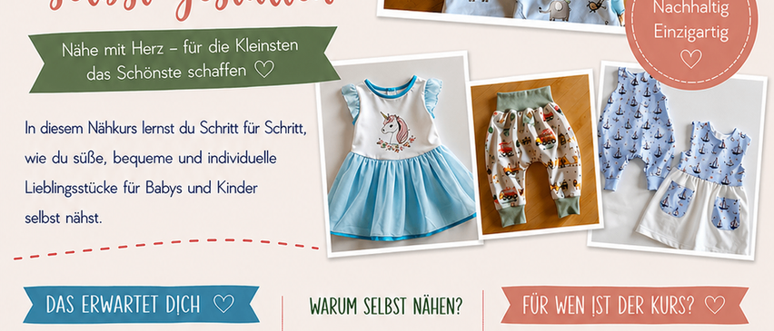 Das Bild zeigt einen DIY-Kurs für Kinderkleidung mit verschiedenen Kleidungsstücken wie Babykleidung und Outfits. Der Text betont das Anfertigen von individueller Kleidung für Babys und Kinder mit Schnittmustern und Materialien. Es werden die Vorteile des Nähens hervorgehoben, einschließlich der Entwicklung von Fähigkeiten, Materialauswahl und Designoptionen.