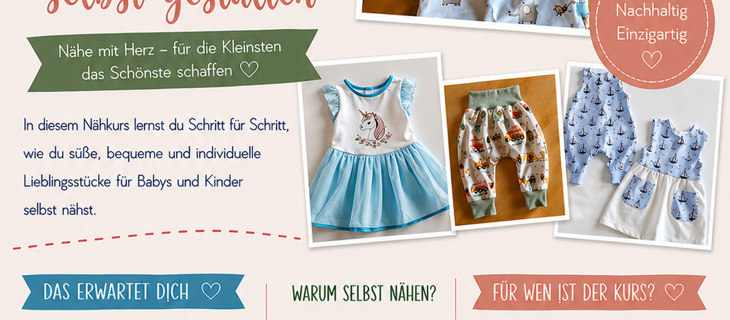 Das Bild zeigt einen DIY-Kurs für Kinderkleidung mit verschiedenen Kleidungsstücken wie Babykleidung und Outfits. Der Text betont das Anfertigen von individueller Kleidung für Babys und Kinder mit Schnittmustern und Materialien. Es werden die Vorteile des Nähens hervorgehoben, einschließlich der Entwicklung von Fähigkeiten, Materialauswahl und Designoptionen.