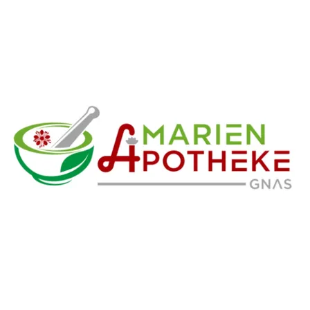 Das Logo von Marien Apotheke GNAs zeigt einen Mörser und Stößel, mit einer Schüssel Kräuter und einer roten Blume.