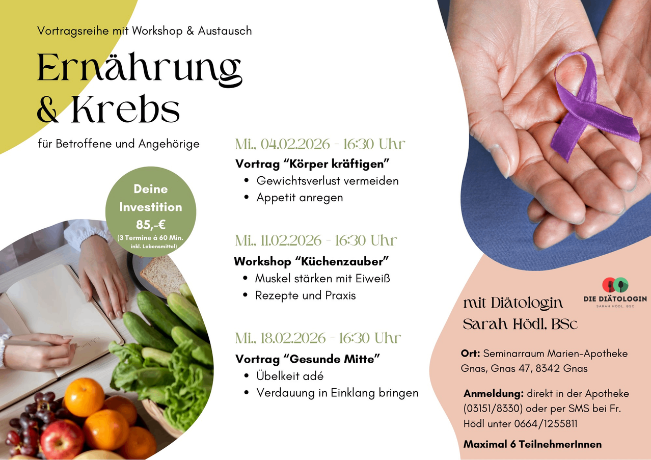 Ein Flyer für eine Ernährungsveranstaltung. Es gibt drei Termine am 04.02.2026, 11.02.2026 und 18.02.2026 um 16:30 Uhr. Themen sind Vermeidung von Gewichtsverlust, Stärkung der Muskeln mit Eiern und gesunde Ernährung für das mittlere Alter. Jeder Termin kostet 85 Euro. Der Veranstaltungsort ist Seminarraum Gnas, Gnas 47, 8345. Direkte Anmeldung unter (05151/8330) oder per E-Mail an Hoel unter 0664/125. Maximal 6 Teilnehmer.
