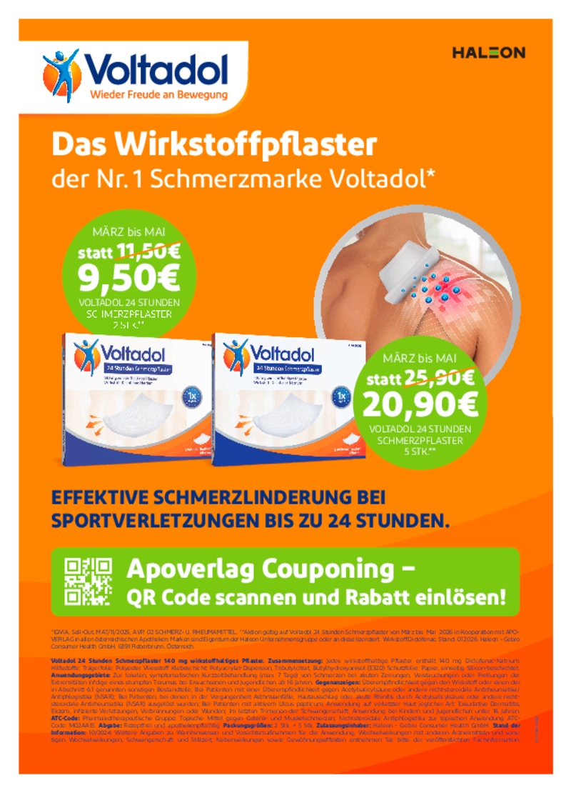 Voltadol Schmerzpflaster im Angebot, wirksam für 24 Stunden. Preisnachlass von 9,50€ auf 25,90€. QR-Code scannen für Gutschein und Rabatt. Gültig bis Mai.