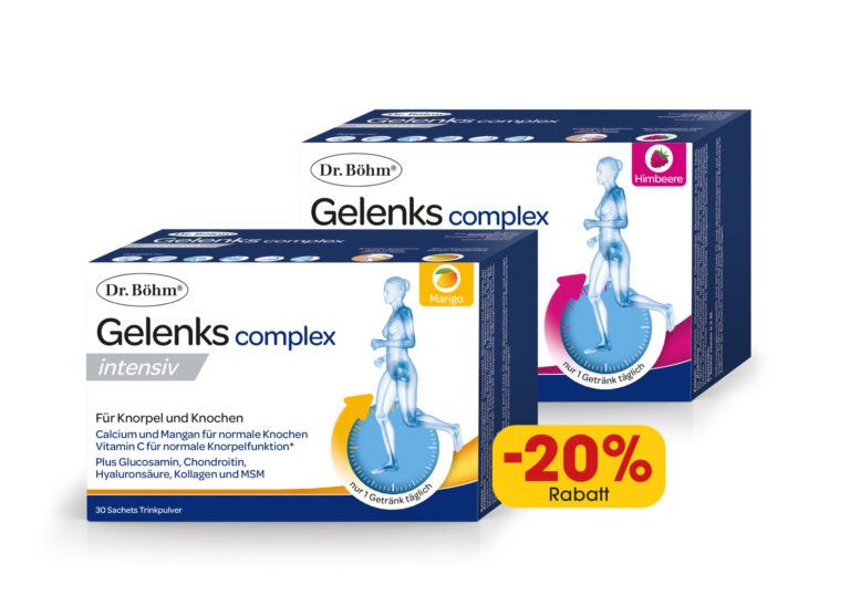 Zwei Packungen des Gelenks-Komplex-Nahrungsergänzungsmittels von Dr. Bohm. Die linke Schachtel enthält Mangogeschmack, während die rechte Schachtel Hibiskusgeschmack enthält. Beide haben einen Rabatt von 20%.
