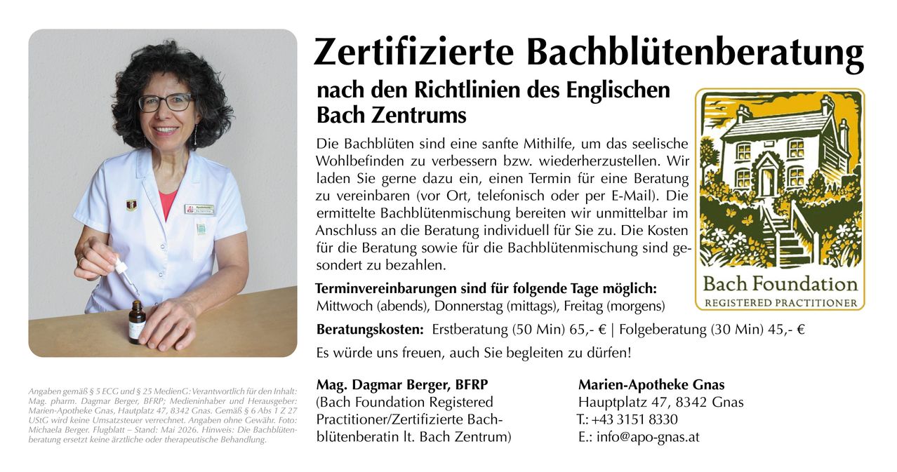 Das Bild zeigt eine Anzeige für zertifizierte Bachblüten-Beratung. Es hebt die Vorteile von Bachblüten für das emotionale Wohlbefinden hervor und lädt Einzelpersonen ein, einen Termin zu vereinbaren. Die Anzeige gibt Details zu Beratungsgebühren und der Verfügbarkeit personalisierter Bachblütengemische an.