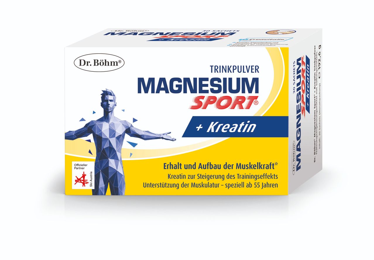 Eine Packung Dr. Böhm Magnesium Sport Pulver, mit einer geometrischen menschlichen Figur, Text über Muskelerhaltung, Kreatin zur Steigerung des Trainingseffekts und Unterstützung des Muskelsystems, speziell für Menschen über 55.