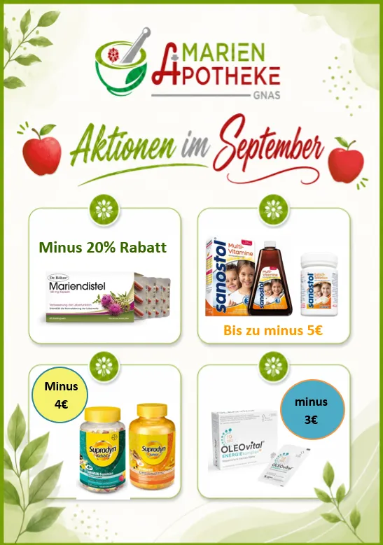 Werbung für Marien Apotheke GNAs mit verschiedenen Gesundheitsprodukten und Rabatten wie 20% Rabatt, bis zu 5 Euro Rabatt und 4 Euro Rabatt. Die Produkte umfassen Mariendistel, Sanostol Multi-Vitamine und Suprody. Die Werbung hat ein grünes und weißes Farbschema mit Apfel-Icons.