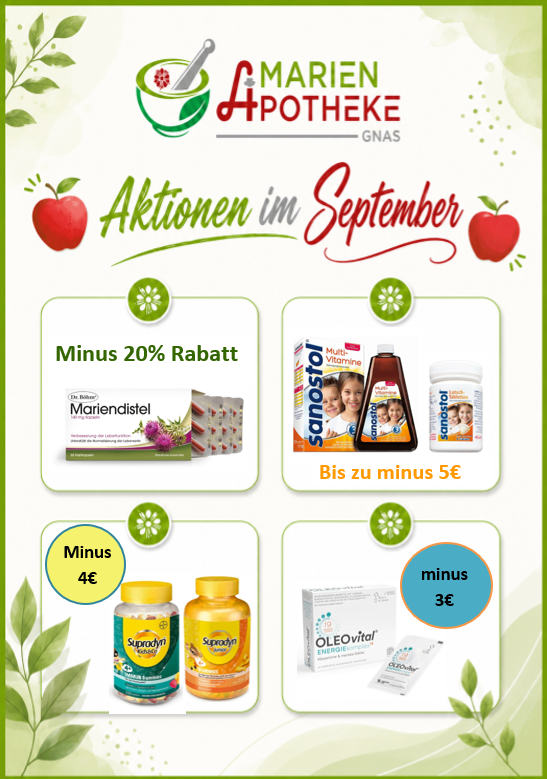 Werbung für Marien Apotheke GNAs mit verschiedenen Gesundheitsprodukten und Rabatten wie 20% Rabatt, bis zu 5 Euro Rabatt und 4 Euro Rabatt. Die Produkte umfassen Mariendistel, Sanostol Multi-Vitamine und Suprody. Die Werbung hat ein grünes und weißes Farbschema mit Apfel-Icons.