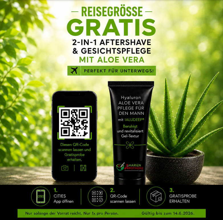 Eine Anzeige für reisegroße, kostenlose 2-in-1 Aftershave und Gesichtspflege mit Aloe Vera. Es zeigt ein Smartphone, einen QR-Code, eine Tube Produkt und eine Topfpflanze. Scannen Sie den QR-Code für eine kostenlose Probe. Gültig bis zum 14.6.2026.