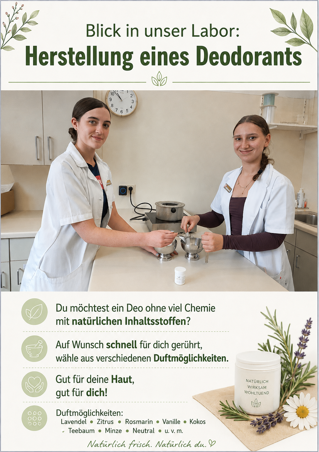 Zwei Frauen in Laborkittel mischen Zutaten in einem Labor. Eine hält einen Löffel und die andere einen Messbecher. Eine Uhr, eine Steckdose und ein Topf sind im Hintergrund. Eine Nachricht lautet: Möchten Sie eine chemikalienfreie Körperlotion mit natürlichen Inhaltsstoffen? Wählen Sie aus verschiedenen Duftoptionen.