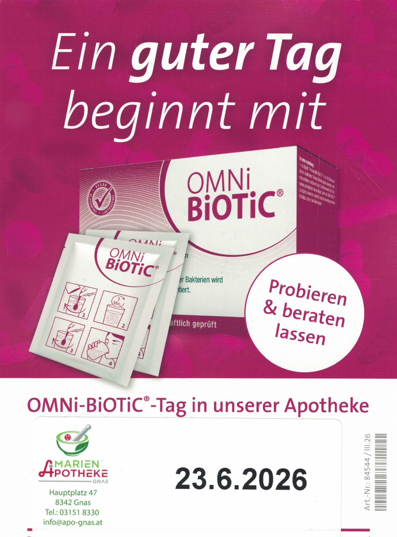 Eine Werbung für Omni Biotic zeigt eine Schachtel und Beutel. Der Text lautet 'OMNi-BioTiC-Tag in unserer Apotheke.' Es gibt ein Logo und ein grünes Schüsselsymbol.