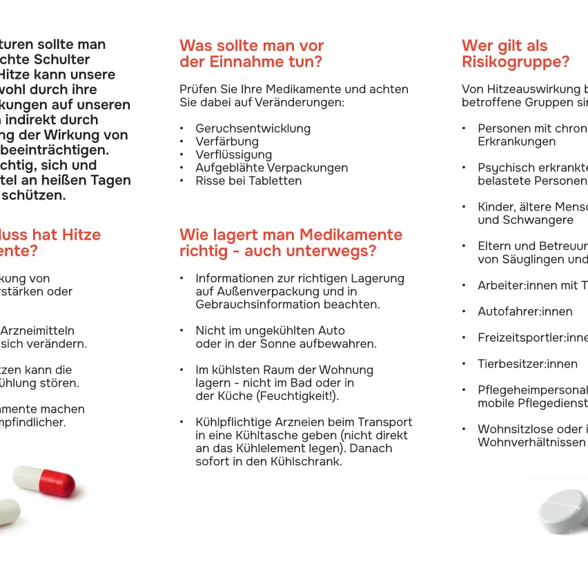 Das Bild enthält Informationen zur richtigen Aufbewahrung von Medikamenten bei Hitze. Es warnt davor, Medikamente in ungekühlten Autos oder in direktem Sonnenlicht zu lagern. Es empfiehlt auch, Medikamente im kühlsten Raum des Hauses aufzubewahren, nicht im Badezimmer oder in der Küche.