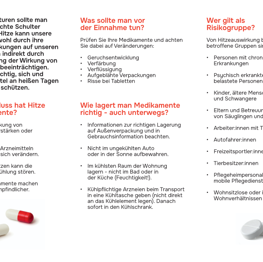 Das Bild enthält Informationen zur richtigen Aufbewahrung von Medikamenten bei Hitze. Es warnt davor, Medikamente in ungekühlten Autos oder in direktem Sonnenlicht zu lagern. Es empfiehlt auch, Medikamente im kühlsten Raum des Hauses aufzubewahren, nicht im Badezimmer oder in der Küche.