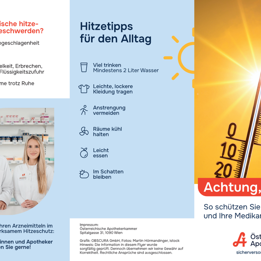 Infografik für eine Apotheke. Es bietet Tipps zur Vorbeugung von hitzebedingten Problemen. Tipps umfassen ausreichendes Trinken, leichte Kleidung, Vermeidung anstrengender Aktivitäten, Aufenthalt in kühlen Räumen und leichte Mahlzeiten.