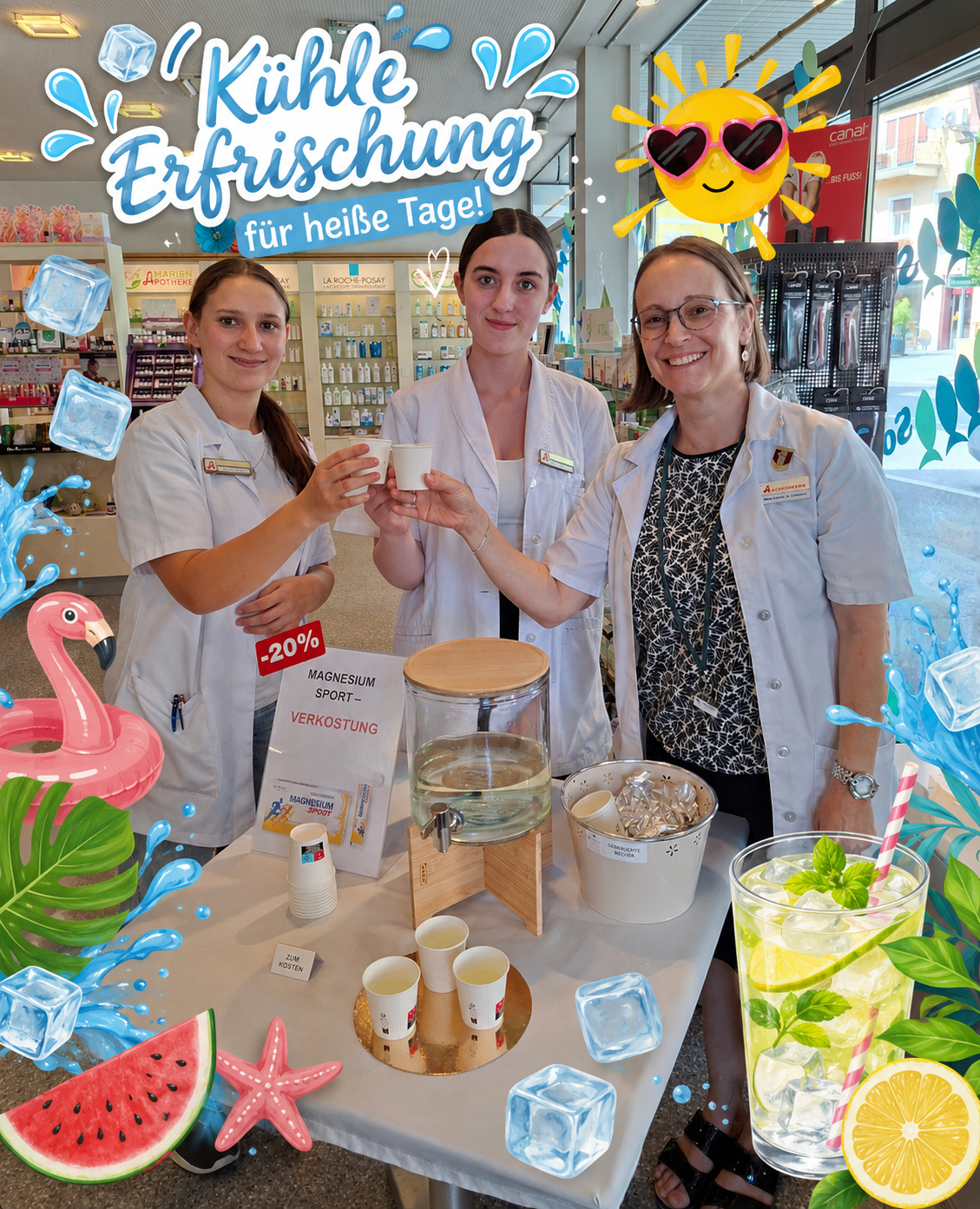 Drei Frauen in Laborkitteln stehen lächelnd hinter einem Tisch. Sie halten Tassen und es gibt eine Wasserkaraffe und ein Schild, das 'Magnesium Sport' und '-20%' liest. Auf dem Tisch sind eine Wassermelone, ein Seestern und Eiswürfel.