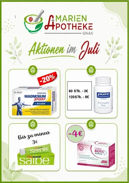 Werbeanzeige für Marien Apotheke Gnas mit Rabatten auf Gesundheitsprodukte wie Magnesium Sport und Omni Biotic Woman, zusammen mit 20% Rabatt auf ausgewählte Artikel.
