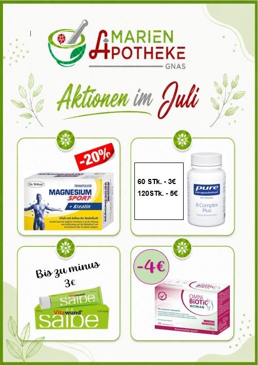 Werbeanzeige für Marien Apotheke Gnas mit Rabatten auf Gesundheitsprodukte wie Magnesium Sport und Omni Biotic Woman, zusammen mit 20% Rabatt auf ausgewählte Artikel.