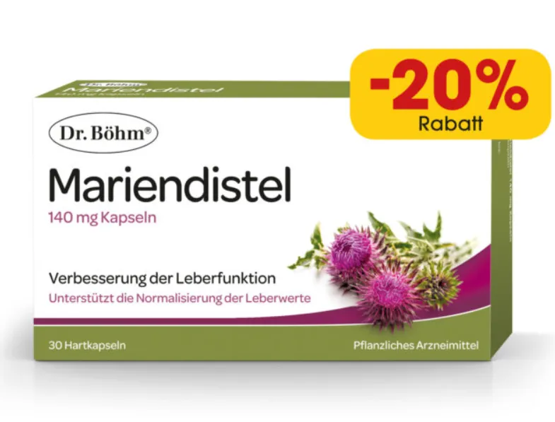 Eine Schachtel Dr. Bohm Mariendistel 140 mg Kapseln mit 20% Rabatt, mit einem Blumendesign und Text zur Verbesserung der Leberfunktion.