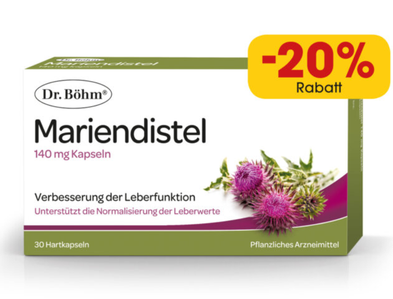 Eine Schachtel Dr. Bohm Mariendistel 140 mg Kapseln mit 20% Rabatt, mit einem Blumendesign und Text zur Verbesserung der Leberfunktion.