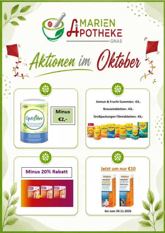 Eine Werbung für Marien Apotheke GNAs mit einem Flyer, der verschiedene Produkte und Rabatte für Oktober anbietet.