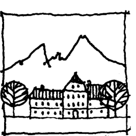 Eine Schwarz-Weiß-Zeichnung zeigt ein Gebäude mit mehreren Fenstern und einem Turm. Zwei Bäume stehen davor. Ein Berg ist im Hintergrund zu sehen.