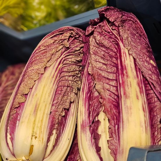Eine Nahaufnahme von lila und weißen Blättern in einem Plastikbehälter, möglicherweise in einem Supermarkt.