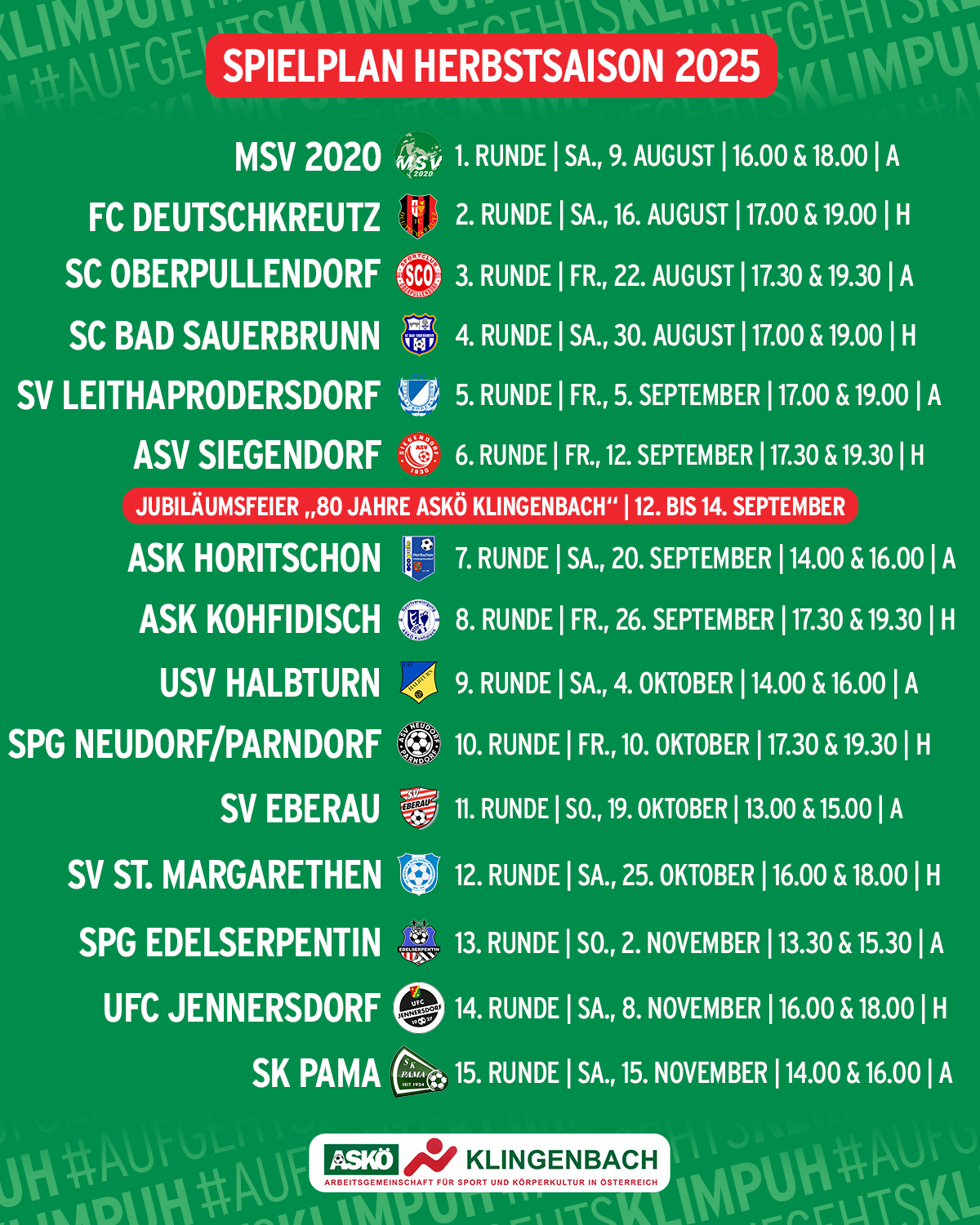 Ein Bild zeigt den Spielplan für MSV 2020 mit Spieldaten, Gegnern und Zeiten. Spiele von August bis November.