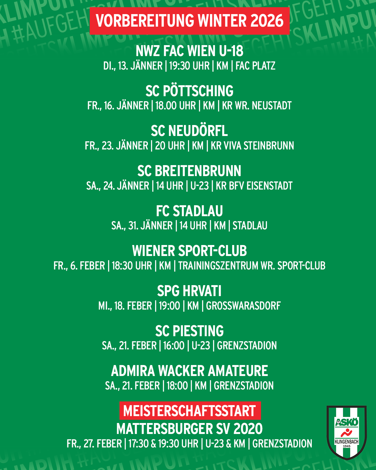 Verschiedene Fußballspiele in Wien, beginnend am 13. Januar, einschließlich SC Pöttsching, SC Neudörfl, SC Breitenbrunn, FC Stadlau und Wiener Sport-Club. Die Spiele gehen bis in den Februar mit SC Piesting und Admira Wacker Amateure.