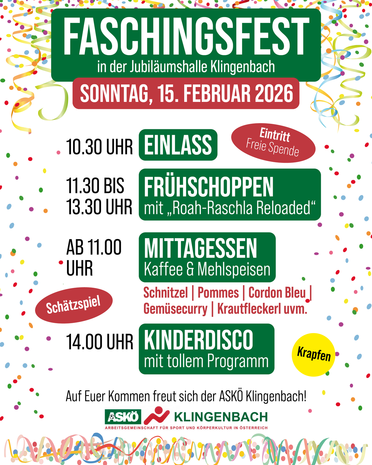 Plakat für eine Veranstaltung in der Jubiläumshalle Klingenbach am Sonntag, 15. Februar 2026. Beinhaltet Zeiten für Einlass, Frühstück, Mittagessen und einen Kinderdisco. Freier Eintritt.