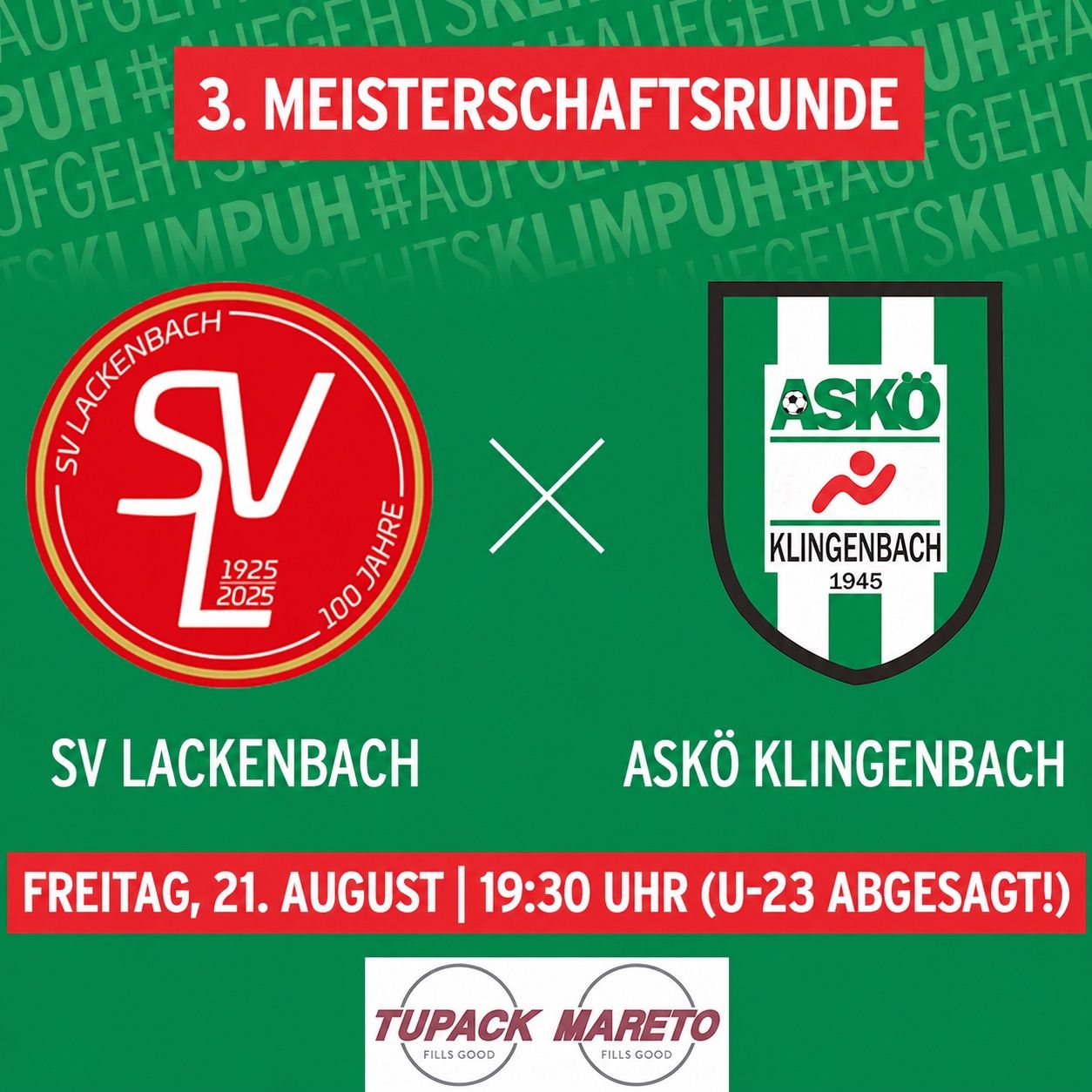 Ein Plakat für ein Fußballspiel zwischen SV Lackenbach und ASKO Klingenbach, geplant für den 21. August um 19:30. Das Plakat zeigt die Teamlogos und das Datum der Veranstaltung.